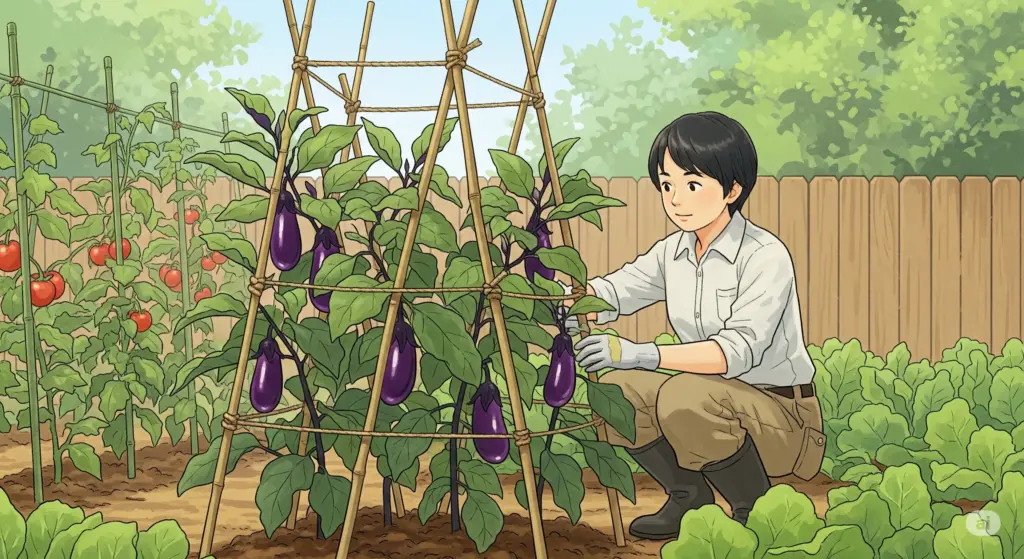 ナスの家庭菜園：支柱立てと管理