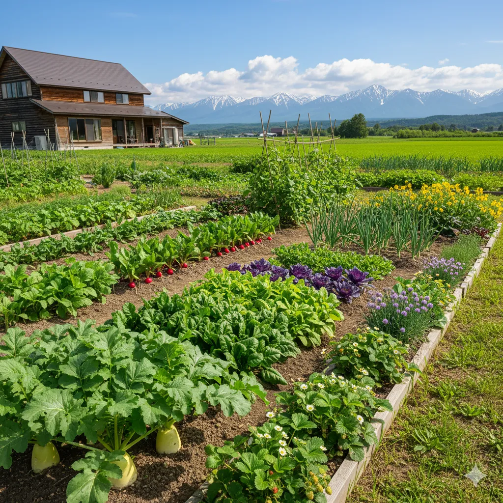 北海道の広大な自然の中で、多様な野菜(ほうれん草、ダイコン、紫キャベツ、ラディッシュなど)が元気に育つ家庭菜園の全景。奥には家と雪山が見える。