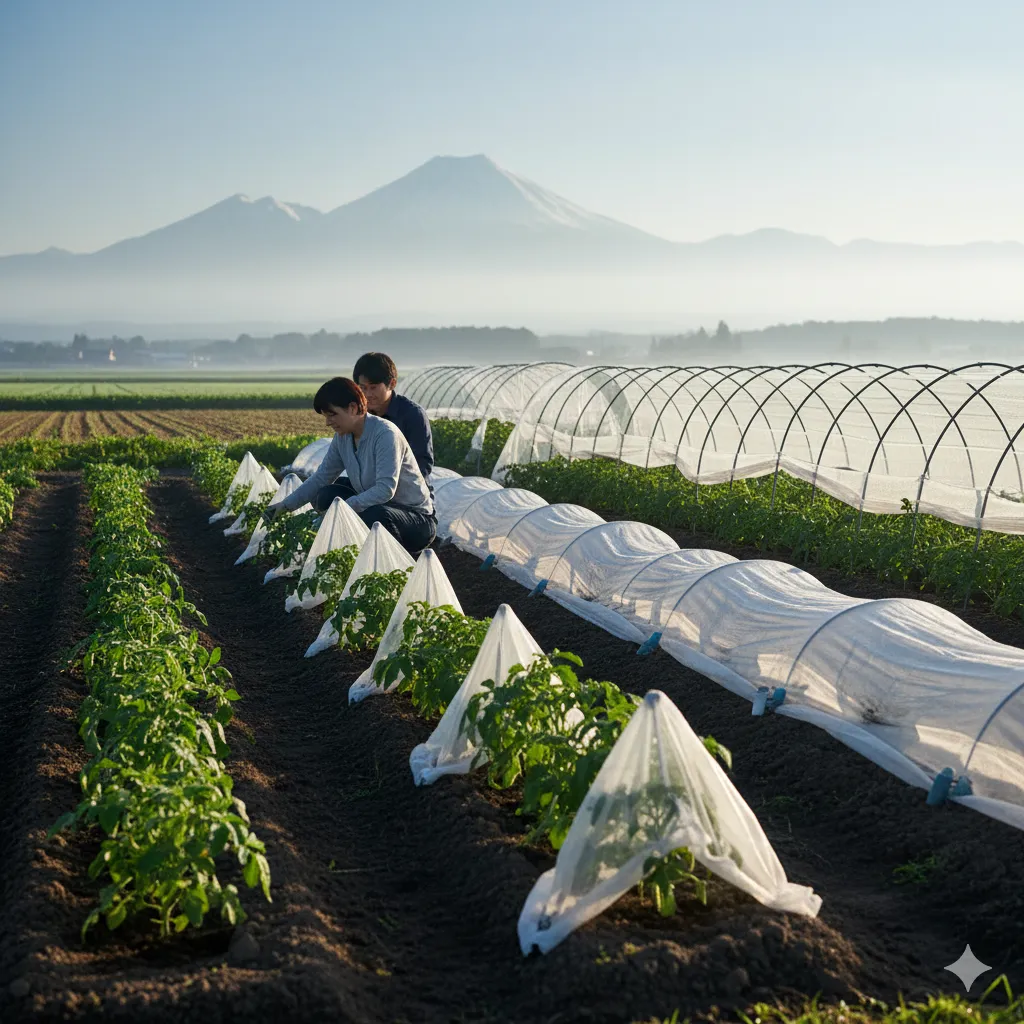 夫婦で家庭菜園をしている様子。畑では、苗にホットキャップやビニールトンネル、不織布などの防寒資材が使われており、背景には雄大な山々がそびえ立つ。