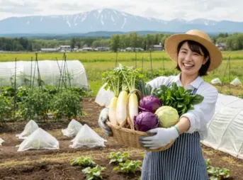 収穫したばかりの新鮮な野菜をバスケットに入れて笑顔を見せる日本人女性。背景には、雪解け直後の畑と遠くに見える北海道の山々が広がる。