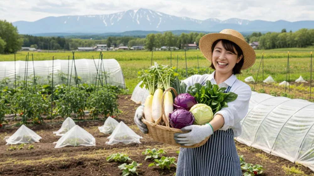 収穫したばかりの新鮮な野菜をバスケットに入れて笑顔を見せる日本人女性。背景には、雪解け直後の畑と遠くに見える北海道の山々が広がる。