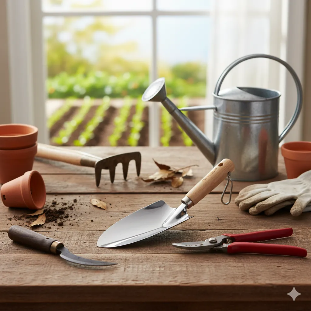 木製のテーブルの上に並べられた、家庭菜園の基本的な道具(移植ゴテ、じょうろ、手袋、鍬、鎌、剪定ばさみ、素焼き鉢)。背景には畑が見える窓がある。