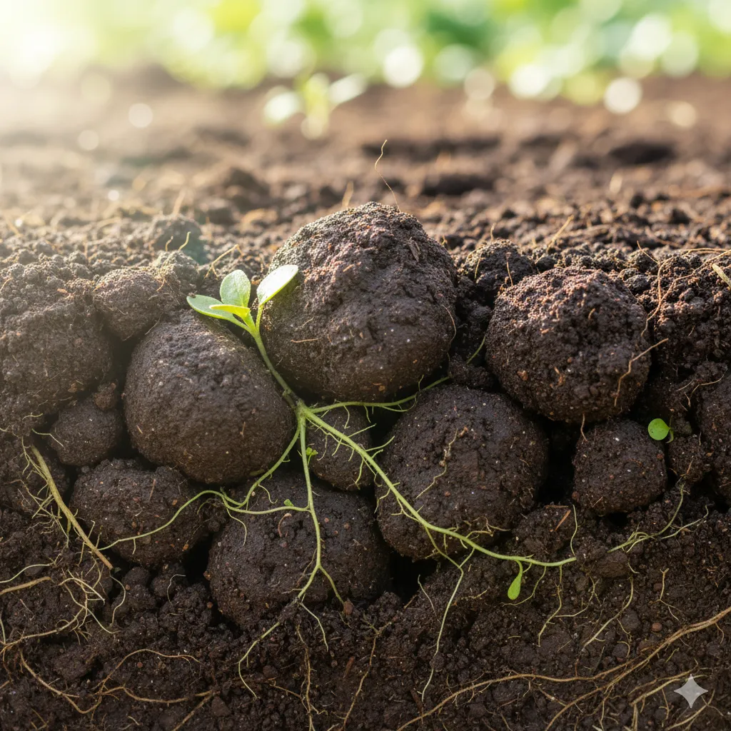 植物の小さな芽と根が伸びる、団粒構造がよく発達したふかふかの土壌の断面。水はけと通気性の良さが伝わるクローズアップ。